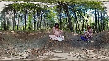 Cumming in the great outdoors with a small boobs brunette