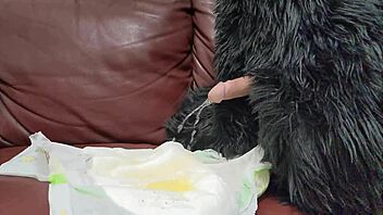Wet diaper milf rides rabbit in dog style