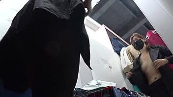 Amateur voyeur sneaks into a changing room and discovers a girl with a foot fetish