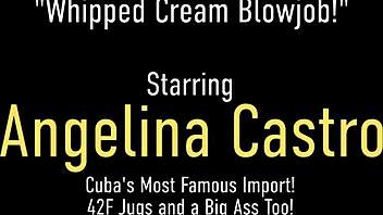 Busty Latina angelina Castro gives a deep throat blowjob and swallows cum