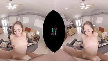 Virtual reality sex with a petite blonde babe after a long day at work