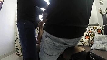 Real threesome with a petite Latina and her husband's friends