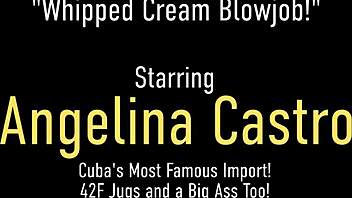 Busty Latina angelina Castro gives a deep throat blowjob and swallows cum