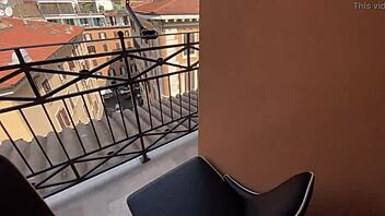 Amateur couple rides and fucks on balcony with big tits babe
