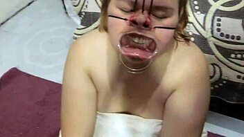 Amateur BBW slave gets tied up and cums on face