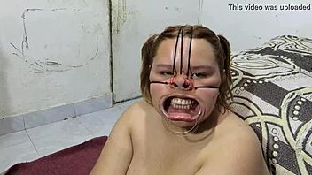Amateur BBW slave gets tied up and cums on face