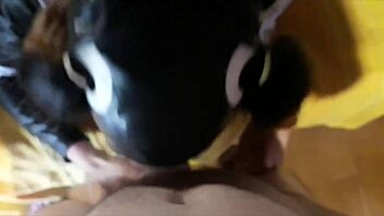 Big ass babe in stockings and high heels gives a deepthroat blowjob and swallows cum