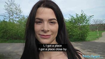 Dark-haired babe gets pounded by big cock in public