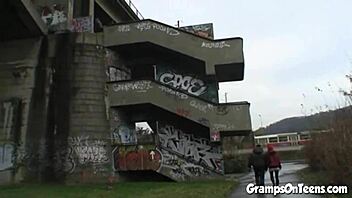 Old and young couple engage in taboo outdoor sex