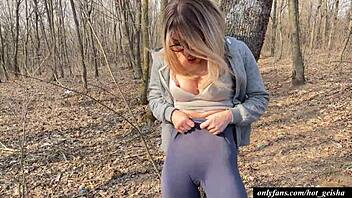 Amateur blonde milf satisfies herself in public with pantyhose and squirting
