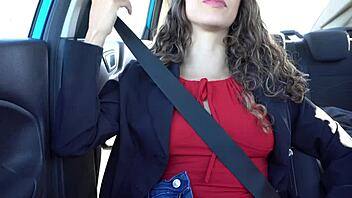 Big boobs Latina MILF jerks off and swallows cum in car