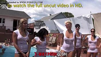 3some porn with blonde and brunette babes in wet environment