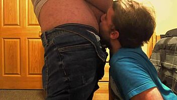 Amateur gay daddy sucks and swallows cum with his bitch