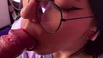 Virtual reality video of a cute student giving a deepthroat blowjob