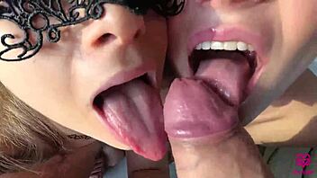 Two girls suck and blow in a POV threesome