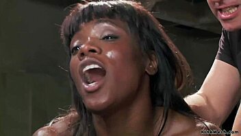 Kinky threesome with ebony slave who can't take it anymore