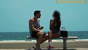Latina slut gives a blowjob to a wealthy man on the beach