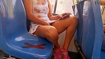Busty babe Bella shows off her upskirt in public