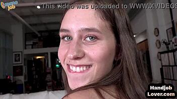 Amateur teen with natural tits and shaved pussy gets handsjob and vagina masturbation