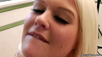 Busty blonde secretary rides cock for money