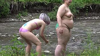 Amateur pawgs explore their hairy pussies and big butts in public