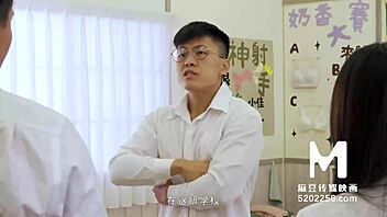 Footjob and blowjob action in a school uniform with teen Asian babe