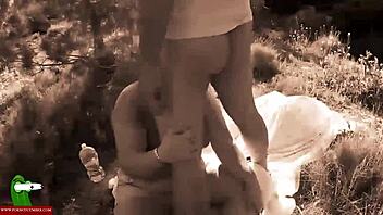 Horny couple enjoys hot sex with fingers and tongue in the field