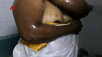 Black ebony step aunt enjoys a solo shower