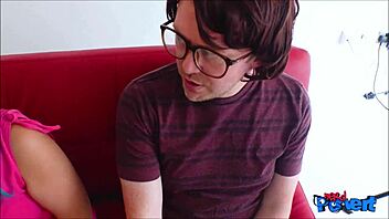 Maeve winters gives a deepthroat blowjob and handjob to a nerdy guy