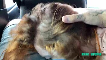 Amateur redhead gives a deepthroat blowjob in public