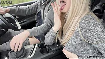 Amateur teen whore gives a handjob and swallows cum in car