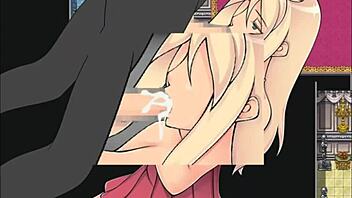 Blonde princess Catherine is caught naked by an old pervert in a hentai game