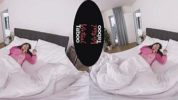 I watch this Asian brunette masturbate in her pyjamas.