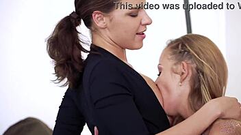 Submissive lesbian game with Henessy, blonde and brunette playing with boobs