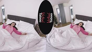 I watch this Asian brunette masturbate in her pyjamas.