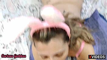 Curious nymphet in bunny costume, sniffing and licking that hairy asshole before fucking the pussy and sucking cock?