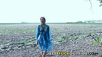 Lost blonde endures intense outdoor threesome with two masked men, sucking and fucking wildly.