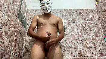 Young guy feels intense arousal in outdoor shower with hard cock