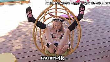 hey, that blonde teen's getting facials from two guys in lingerie costumes!