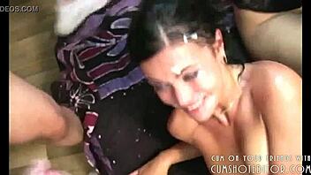 Young brunette sluts drenched in cum during intense gangbang session 😈💦