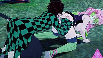 Tanjiro in Mitsuri v necenzuriranem hentai z sesanjem in cumshotom