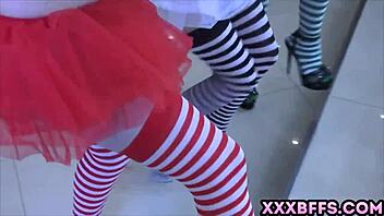 Three horny youngsters in monster costumes give blowjobs and take it from behind