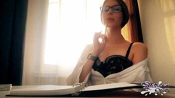 Tattooed secretary with big boobs enjoys solo playtime with her vibrator