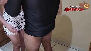 Horny husband humiliates his wife's small ass and gives her a blowjob - Halloween special