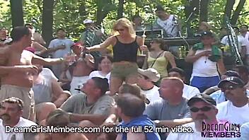 Beautiful wife strips down to nothing on the beach in this outdoor party