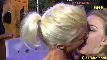 hey, that old slut in the group is gargling watersports like a pro, blowjob and golden shower fetish