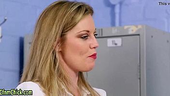 femdom teacher tugs geek's cock in class