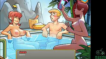 Redhead's big boobs get a massage in this cartoon sex game