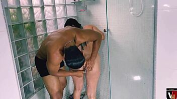 Big ass Brazilian wife gets fucked by her husband under the shower