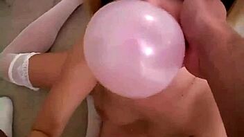 Pov blowjob slut gives head and blows bubble gum, teasing with big tits and petite 18+ cock sucking.